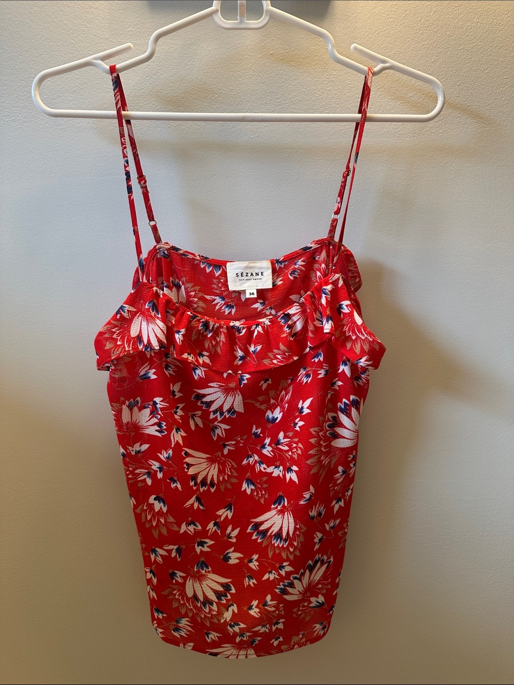 Sezane Red Floral Ruffle Strap Camisole